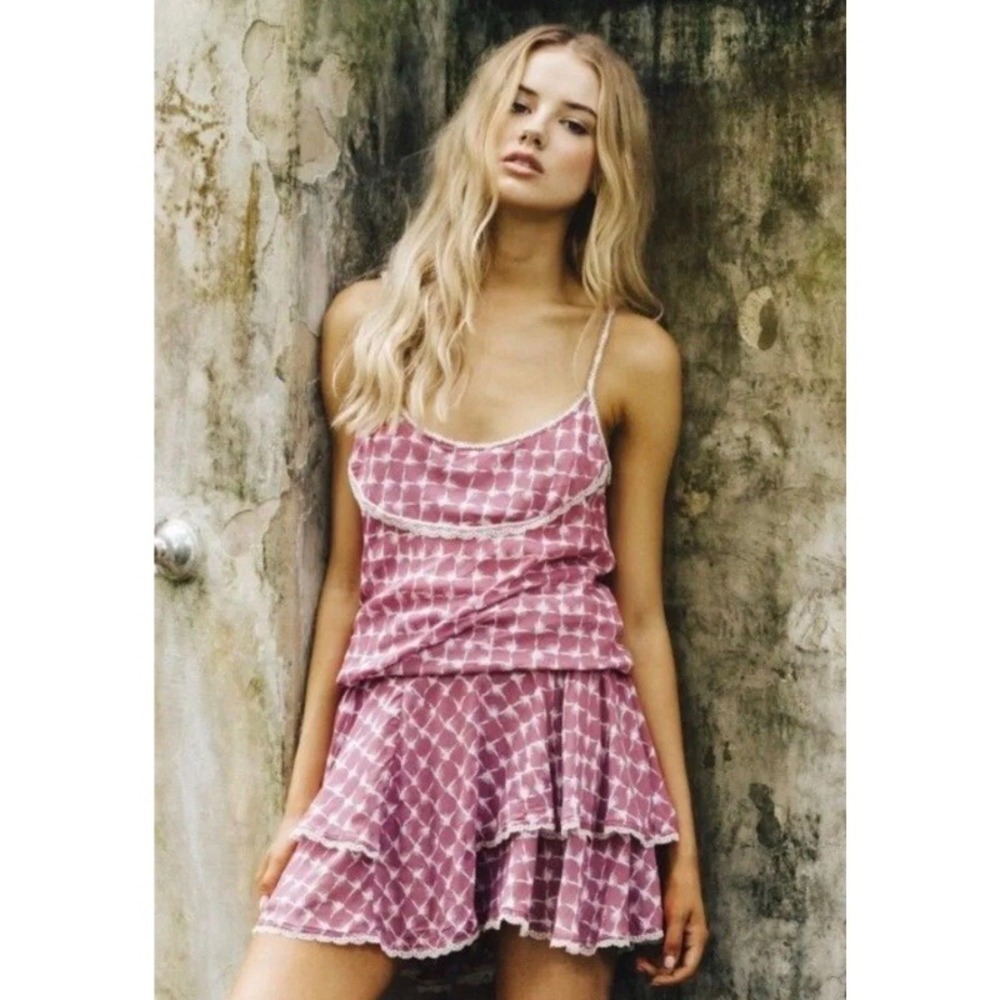 Poupette St Barth Pink Geometric Palm Print Smocked Tiered Mini Dress Large